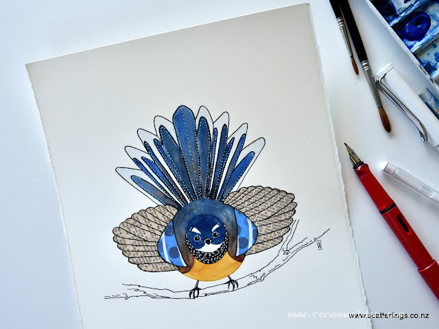 New Zealand fantail - watercolour, collage and ink on paper