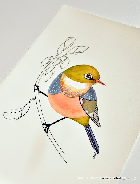 New Zealand waxeye - watercolour, collage, and ink on paper
