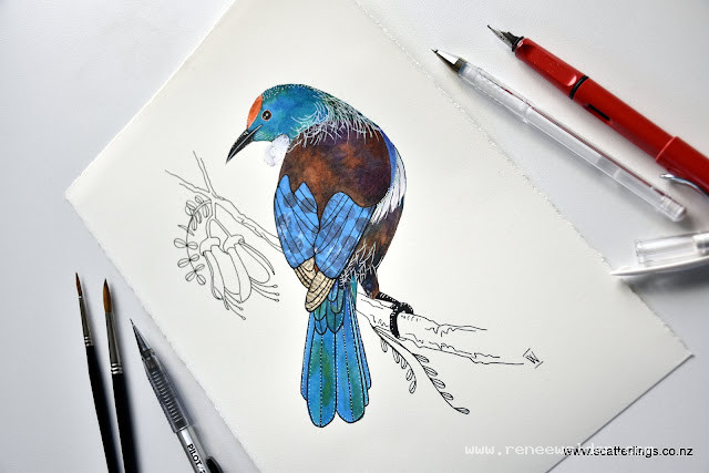 New Zealand Tui - watercolour, collage and ink on paper