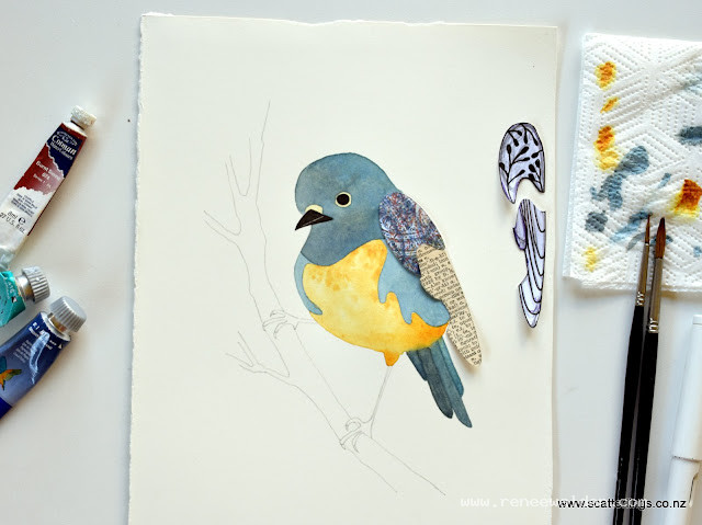 Adding the collage wings to a New Zealand robin