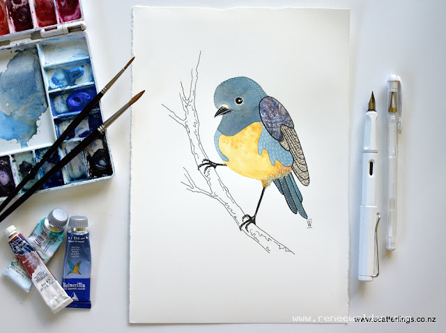 New Zealand Robin - watercolour, collage and ink on paper