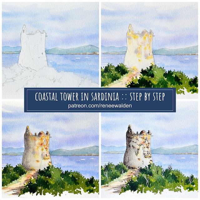 Paint a Sardinian coastal tower in pen and watercolour