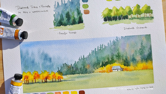 painting distant trees and forests in pen and watercolour