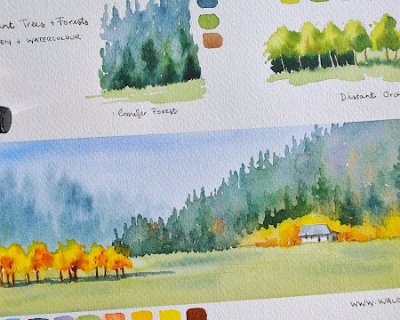 distant trees and forests in pen and watercolour