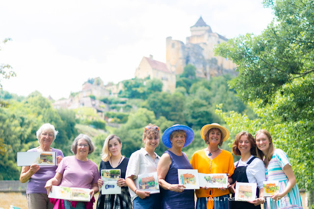 Look at those smiles! Day 1 at Castelnaud-la-Chapelle with our finished sketches