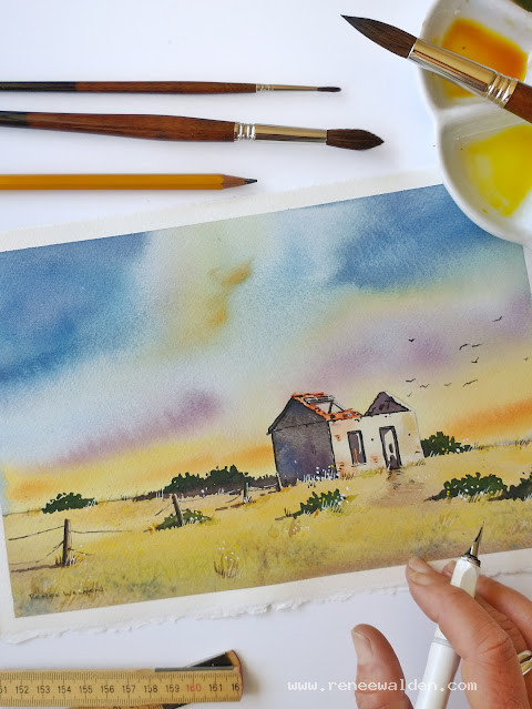 Old ruined house with beautiful sunset. Watercolour demo painting by Renee Walden.