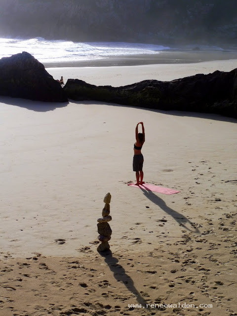 Yoga on the beach for me, and stone sculpture building for David.