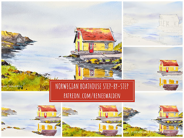 paint a norwegian boathouse in watercolours