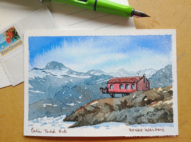 Watercolour postcard of Colin Todd Hut, Mount Aspiring National Park.