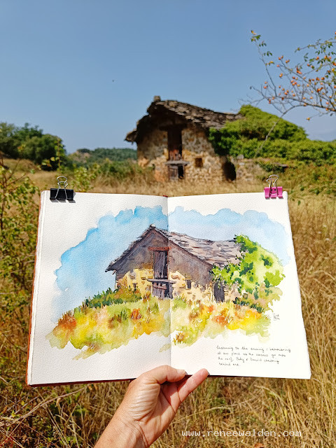 Urban sketch of old ruin, Pyrenees, Spain.