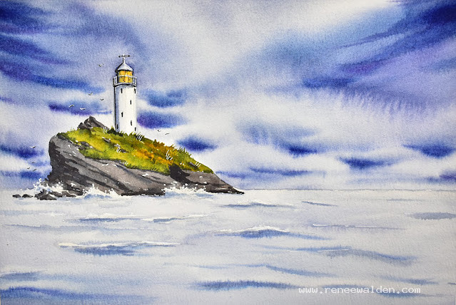 A watercolour lighthouse and stormy sky