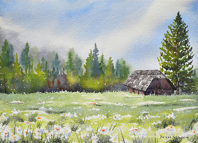 Spring meadow - pen & watercolour, 23x30cm