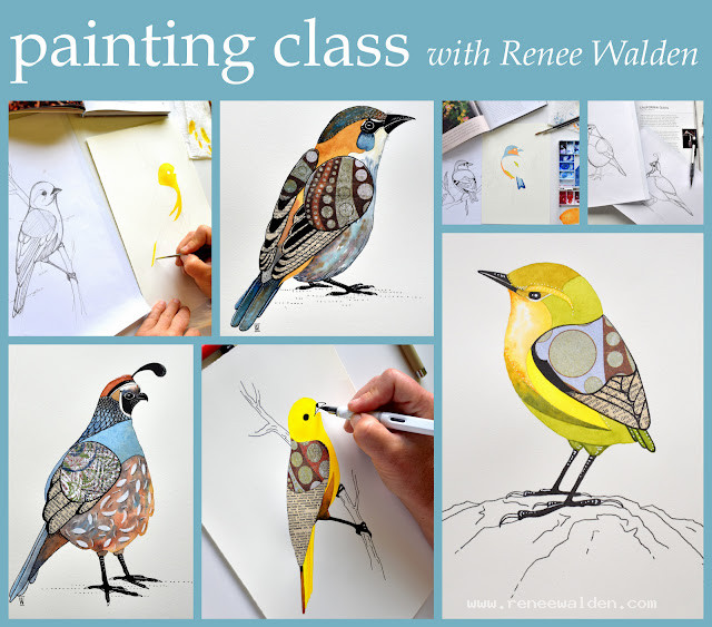 Painting birds in watercolour and collage
