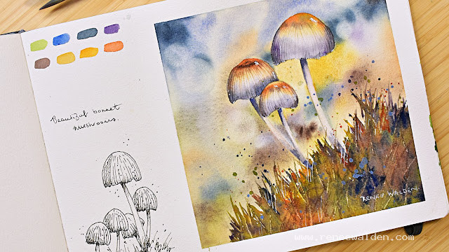 How to paint beautiful bonnet mushrooms in watercolour