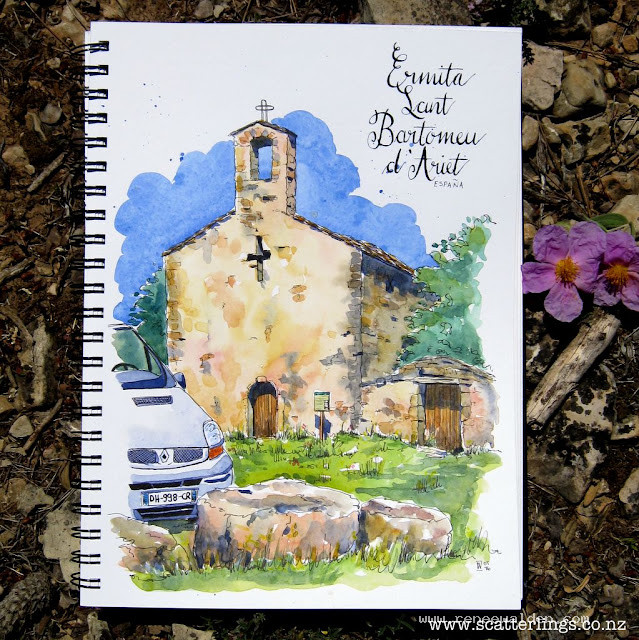 Ermita Sant Bartomeu near Alos de Balaguer, Catalunya. David asked me to put our van in the sketch, so there it is, just peeping in. The old and the new, and part of our van-life story. Still considering doing a series of these.