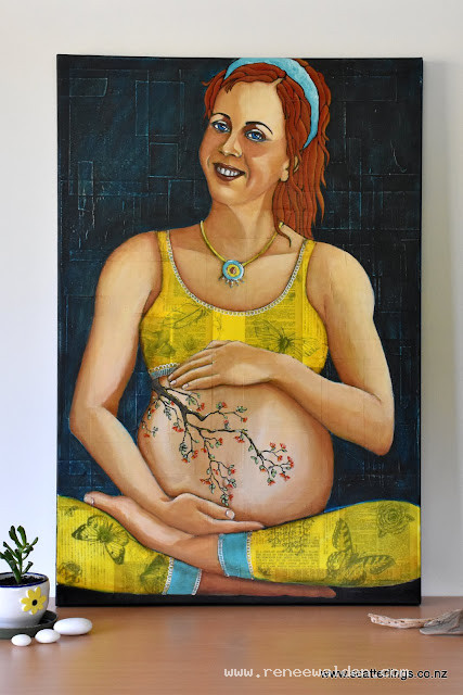 Portrait painting of a pregnant woman in lotus pose