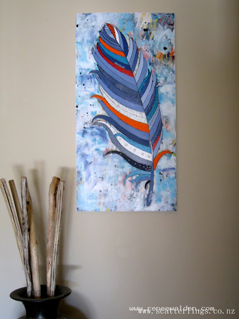 "Fly" - large painting of a flight feather. Acrylics on canvas.