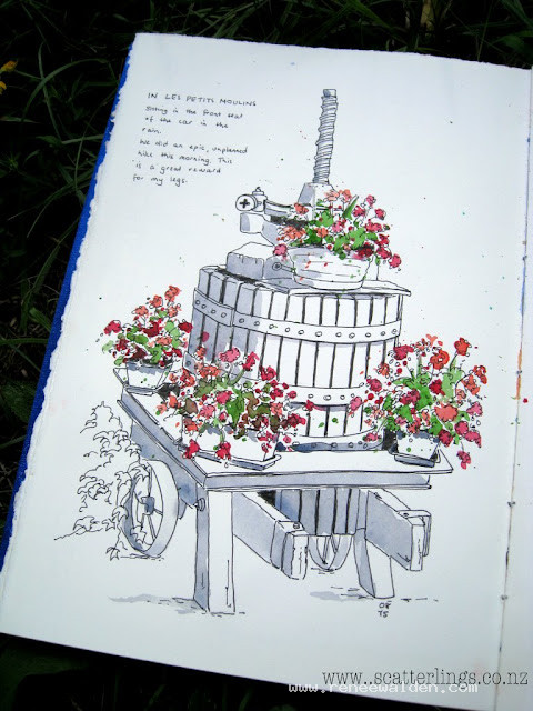An old press in Les Petits Moulins, Devoluy. Sketched from the front seat of the car while it was pouring with rain.