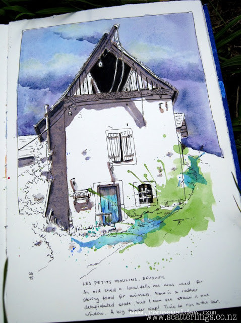Old barn in Les Petits Moulins, Devoluy. Quick sketch with storm brewing. Lightening and thunder chased me back to the car.