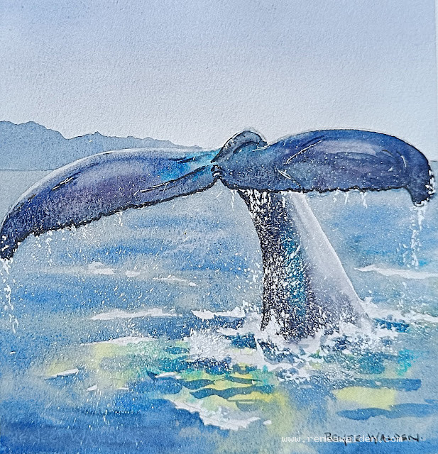 Paint a whale tail in watercolour - full video tutorial