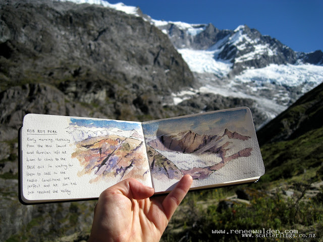 Boxing Day 2015 - I didn't even get out of my sleeping bag before reaching for my sketchbook and paints.Rob Roy Peak, Mt Aspiring National Park.