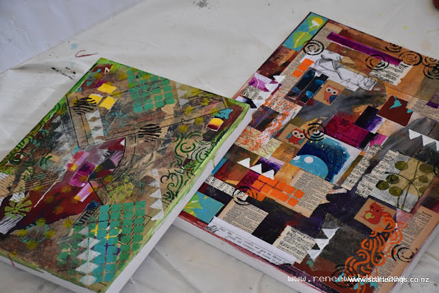 Underpaintings, mixed media on canvas. Heidi on left, mine on right
