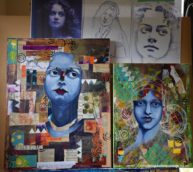 Grey underpainting to model the skin tones. You can see the vintage photos we are working from.My painting on the left, Heidi's on the right.