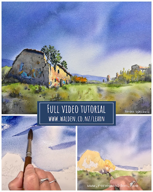 Painting a sunlit ruin and stormy sky in watercolour