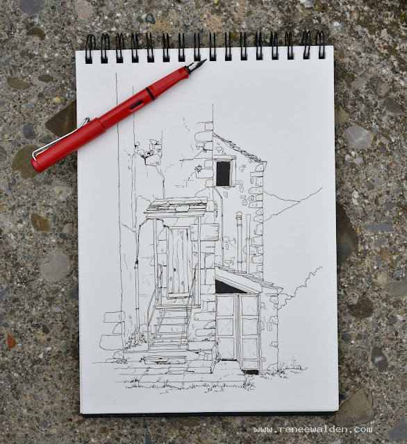 Finished ink sketch of part of the romanesque church of Badain, Spanish Pyrenees.