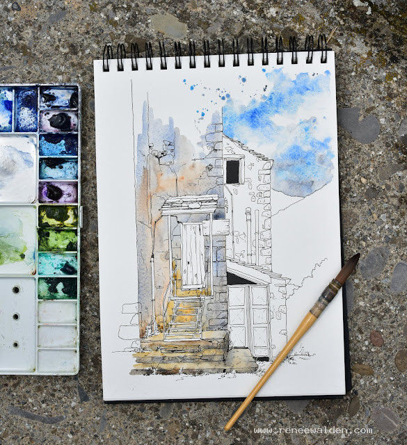 First watercolour wash for the sky and stonework. Wet in wet.