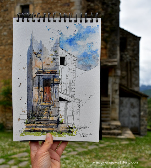 Done! Santa Maria de Badain - watercolour and ink painting.