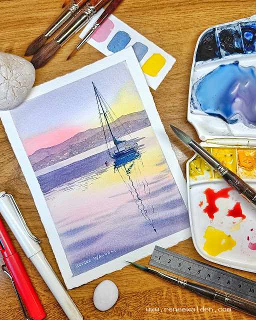 watercolour painting of a sailing boat at sunrise