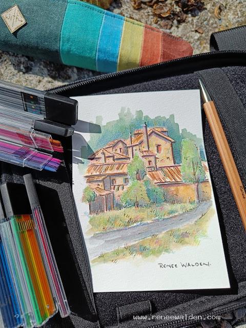 Coloured pencil drawing with watercolours on top