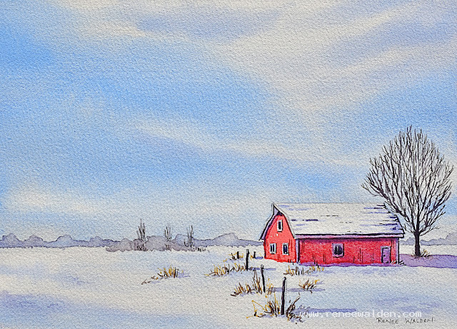 Little red barn in the snow. Pen and watercolour.