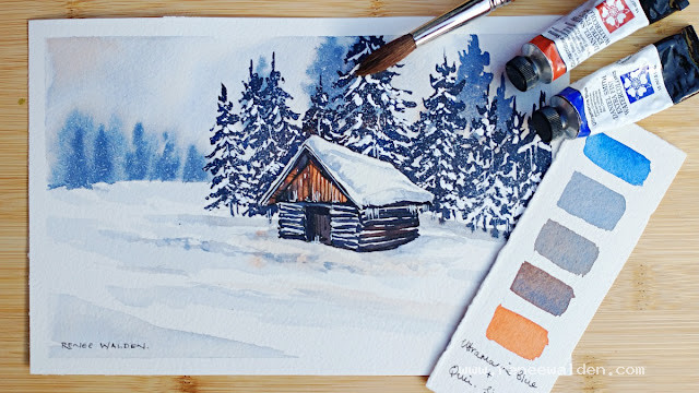 a winter watercolour landscape in just 2 colour