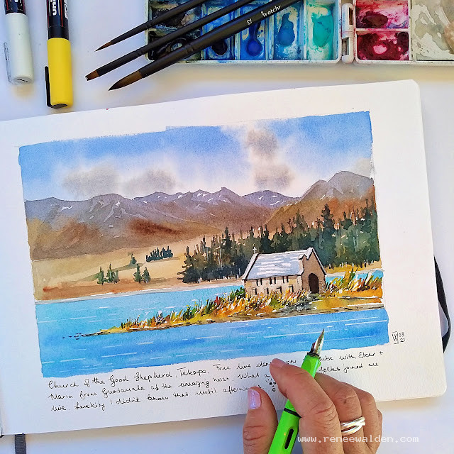 Church of the Good Shepherd, Tekapo - watercolour and ink painting.