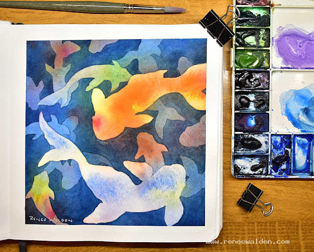 watercolour goldfish using negative painting