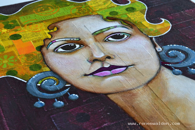 Mixed media portrait of a woman. Detail.