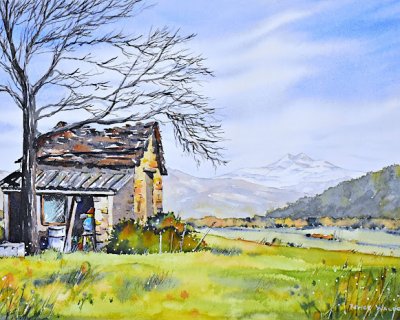 old ruined barn in pen and watercolour