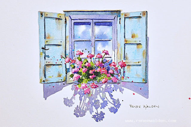 Watercolour tutorial - old window with geraniums