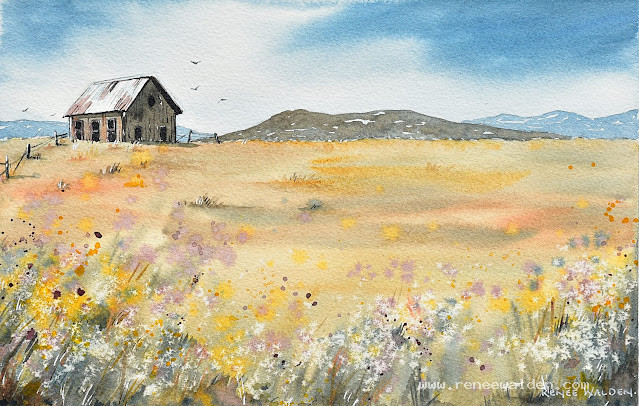 Vibrant watercolour landscape with lots of texture