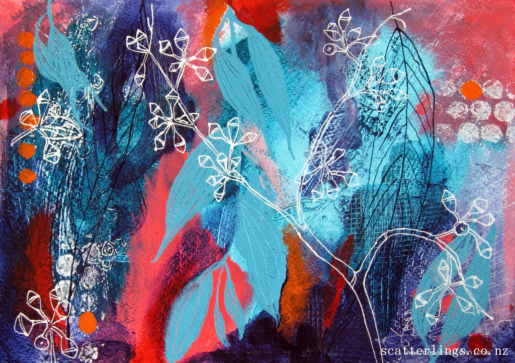 gumnuts & gum leaves - mixed media painting