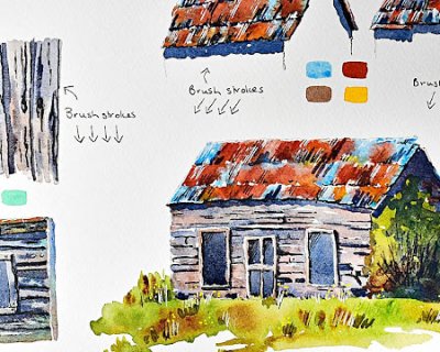 old wood and corrugated iron in pen and watercolour