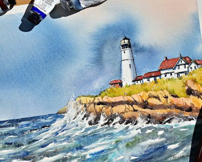 a lighthouse with a stormy sea and sky