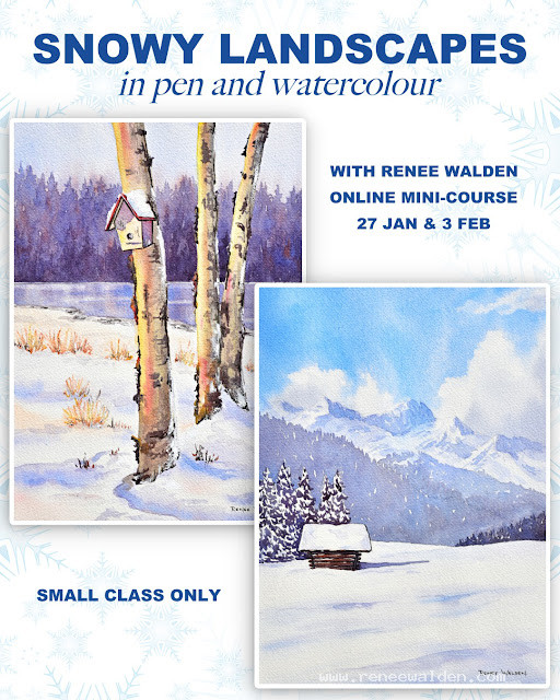 Paint snowy landscapes in pen and watercolour