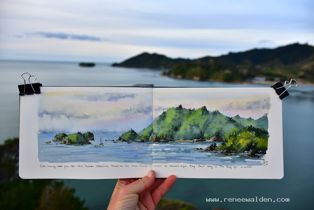 Last sketch of the bay for a while. View from the Abel Tasman memorial towards Tata Islands.