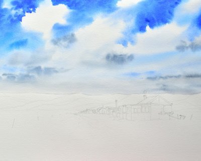 painting fishing huts in pen and watercolour