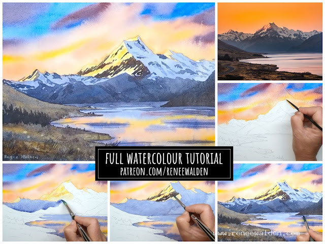 Watercolour painting of a sunset over Aoraki / Mt Cook
