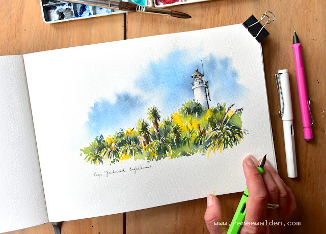 Cape Foulwind Lighthouse - painting in pen and watercolour