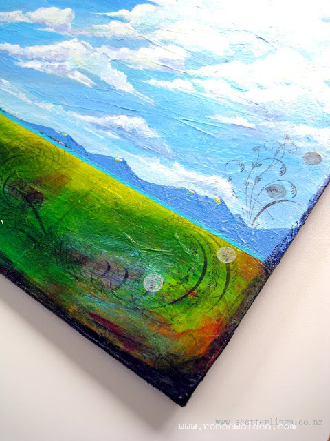 Detail of "Solitude" - many layers of colour in the foreground and vintage pen scroll work